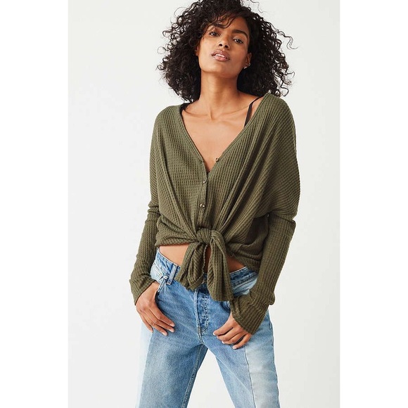URBAN OUTFITTERS OUT FROM UNDER Green Waffle Cardigan Button Down JOJO - Picture 2 of 12
